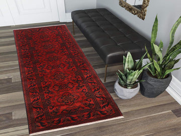 handmade Tribal Biljik Khal Muhammadi Drk. Red Black Hand Knotted RUNNER 100% WOOL Runner 3x10